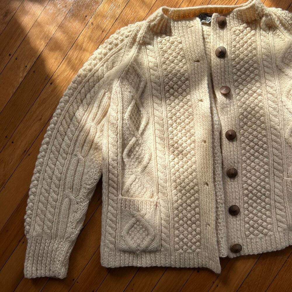 Vintage Irish Hand Knit Wool Fisherman Cardigan Sweater Small Medium Womens - Picture 2 of 4